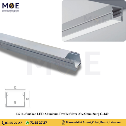 Surface LED Aluminum Profile Silver 23x27mm 2mt | G-149 | بروفايل ليد المنيوم ظاهر