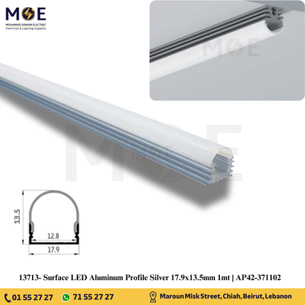 Surface LED Aluminum Profile Silver 17.9x13.5mm 1mt | AP42-371102 | بروفايل ليد المنيوم ظاهر