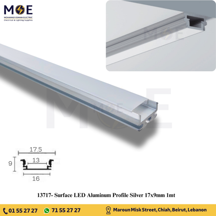 Surface LED Aluminum Profile Silver 17x9mm 1mt | بروفايل ليد المنيوم ظاهر
