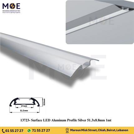 Curved Surface LED Aluminum Profile Silver 51.3x8.8mm 1mt | بروفايل ليد المنيوم ظاهر