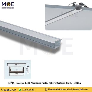 Recessed LED Aluminum Profile Silver 30x20mm 2mt | JH3020A | بروفايل ليد المنيوم مخفي