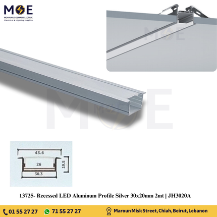 Recessed LED Aluminum Profile Silver 30x20mm 2mt | JH3020A | بروفايل ليد المنيوم مخفي