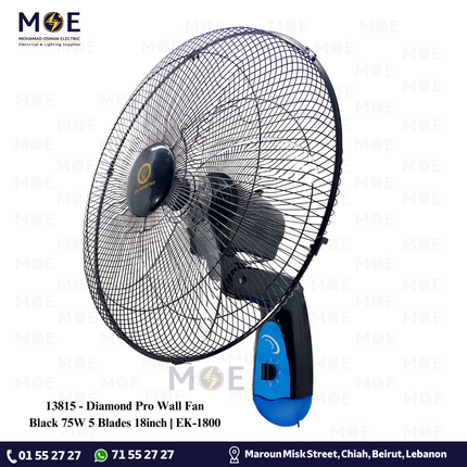 Diamond Pro Wall Fan Black 75W 5 Blades 18inch | EK-1800 | مروحة حائطفراشات زوبعة اسود