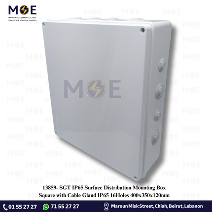SGT IP65 Surface Distribution Mounting Box Square with Cable Gland IP65 16Holes 400x350x120mm | علبة مربعة ظاهرة مع جوان