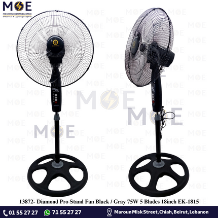 Diamond Pro Stand Fan Black / Gray 75W 5 Blades 18inch | EK-1815 | مروحة عامودفراشات زوبعة اسود