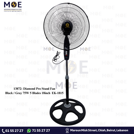 Diamond Pro Stand Fan Black / Gray 75W 5 Blades 18inch | EK-1815 | مروحة عامودفراشات زوبعة اسود
