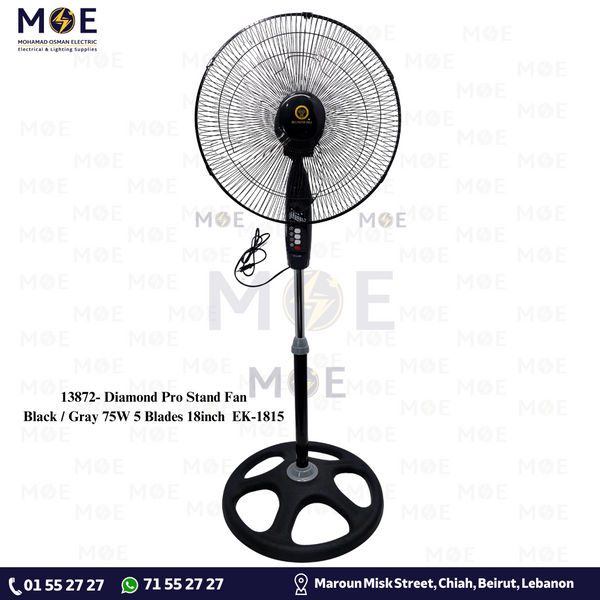 Diamond Pro Stand Fan Black / Gray 75W 5 Blades 18inch | EK-1815 | مروحة عامودفراشات زوبعة اسود