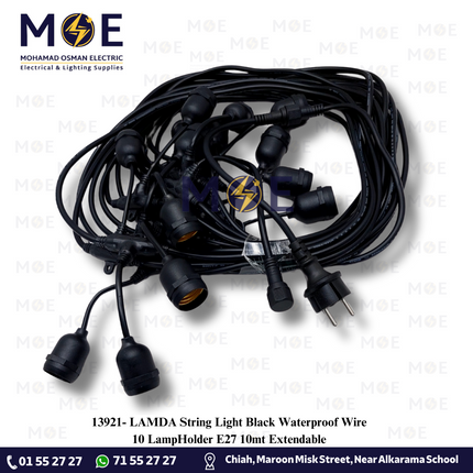 LAMDA String Light Black Waterproof Wire 10 LampHolder E27 10mt Extendable | حبل زينة/كابل مع دوي مطري