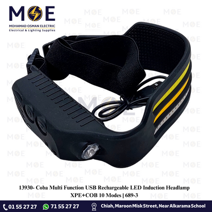Coba Multi Function USB Rechargeable LED Induction Headlamp XPE+COB 10 Modes | 689-3 | انتريك راس ليد تشريج مع سنسور