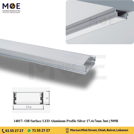 OB Surface LED Aluminum Profile Silver 17.4x7mm 3mt | 509B | بروفايل ليد المنيوم ظاهر