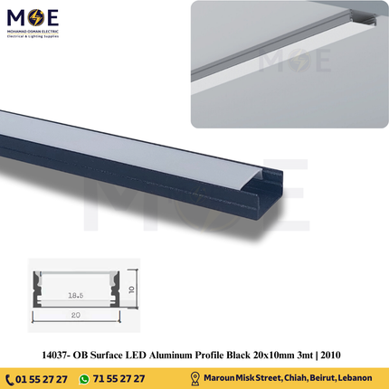 OB Surface LED Aluminum Profile Black 20x10mm 3mt | 2010 | بروفايل ليد المنيوم ظاهر اسود