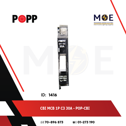 POPP CBI MCB 1Pole C3 30A | QA1-C3- | دجنتور اشتراك كهرباء مفرد اسود