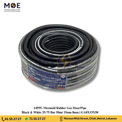 Mermaid Rubber Gas Hose/Pipe Black & White 25-75 Bar 50mt 15mm 8mm | GA8X15X50 | نبريش غاز اسود و ابيض