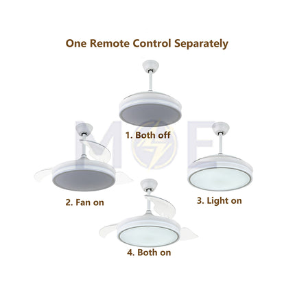 Lotus Plastic Blades Modern Ceiling Fan With LED & Remote Control White Daylight, Warmwhite, Coolwhite 48W 4 Retractable Blades 42inch | JC-18224 CCT