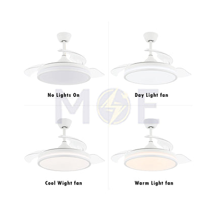 Lotus Plastic Blades Modern Ceiling Fan With LED & Remote Control White Daylight, Warmwhite, Coolwhite 48W 4 Retractable Blades 42inch | JC-18224 CCT