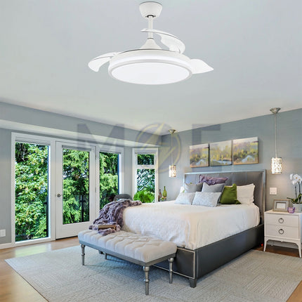 Lotus Plastic Blades Modern Ceiling Fan With LED & Remote Control White Daylight, Warmwhite, Coolwhite 48W 4 Retractable Blades 42inch | JC-18224 CCT