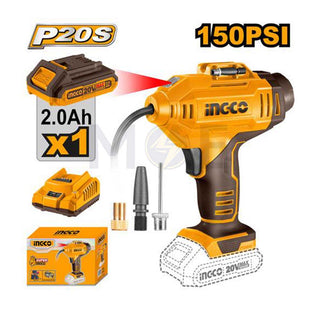 INGCO Cordless Auto Air Compressor with 1pcs 2Ah Li-ion Battery, 1pc Charger 20V | CACLI20181 كومبرسور هواء بطارية ليثيوم مع شارج وبطارية