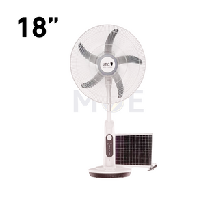 JTC Solar Rechargeable Stand Fan with Remote Control & LED & Timer & USB Port White S5998HRB 40W 18inch | JF-S5998HRB مروحة عامود تشريج طاقة شمسية مع ضوء لد خمس فراشات ابيض