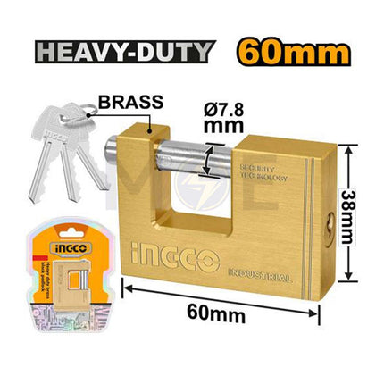 INGCO Heavy-Duty Sliding Shackle Brass Block Padlock 60mm DBBPL0602