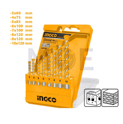 INGCO Industrial Concrete Drill Bits Set 8Pcs (3mm,4mm,5mm,6mm,7mm,8mm,9mm,10mm) | AKD3081