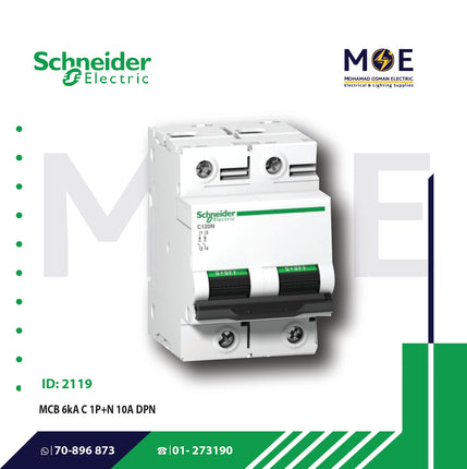 Schneider MCB 6kA C 1P+N 10A DPN | A9N21556 | دجنتور مجوز بقطبين وحيادي - قاطع كهربائي ثنائي القطب مع حيادي