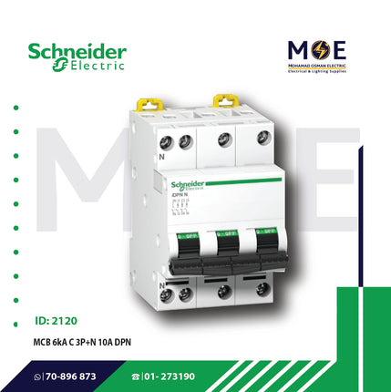 Schneider MCB 6kA C 3P+N 10A DPN | A9N21596 | دجنتور مجوز بقطبين وحيادي - قاطع كهربائي ثنائي القطب مع حيادي