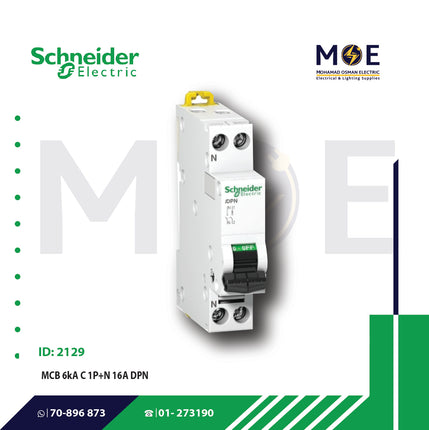 Schneider MCB 6kA C 1P+N 16A DPN | A9N21557 | دجنتور مجوز بقطبين وحيادي - قاطع كهربائي ثنائي القطب مع حيادي