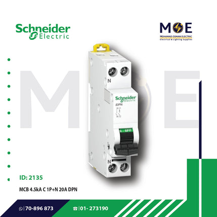 Schneider MCB 4.5kA C 1P+N 20A DPN | A9N21548 | دجنتور مجوز بقطبين وحيادي - قاطع كهربائي ثنائي القطب مع حيادي