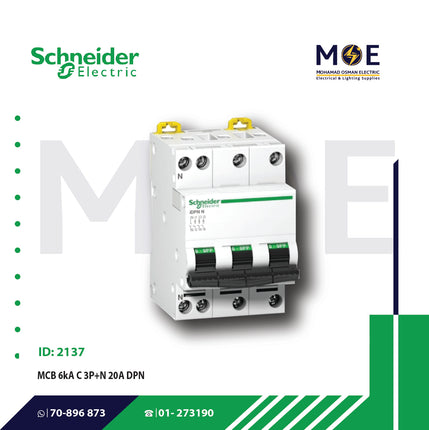 Schneider MCB 6kA C 3P+N 20A DPN | A9N21598 | دجنتور مجوز بقطبين وحيادي - قاطع كهربائي ثنائي القطب مع حيادي
