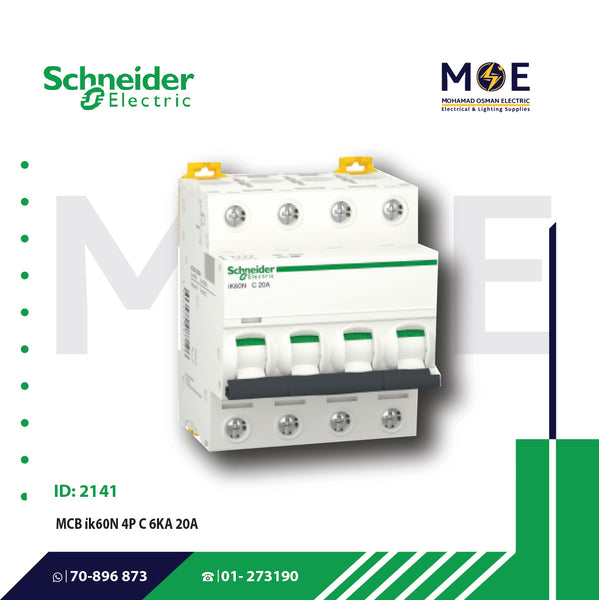 Schneider MCB ik60N 4P C 6KA 20A | A9K24420 | دجنتور كهرباء ثلاثة فاز مع نتر - قاطع كهربائي رباعي