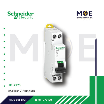Schneider MCB 4.5kA C 1P+N 6A DPN | A9N21545 | دجنتور مجوز بقطبين وحيادي - قاطع كهربائي ثنائي القطب مع حيادي
