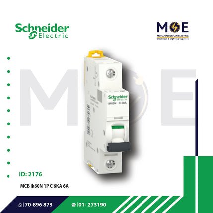 Schneider MCB ik60N 1P C 6KA 6A | A9K24106 | دجنتور كهرباء مفرد - قاطع كهربائي