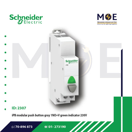 Schneider iPB modular Single Push Button Gray 1NO + Green Indicator 230V | A9E18036 | دجنتور كباس مع لمبة اخضر - زر تحكم كباس