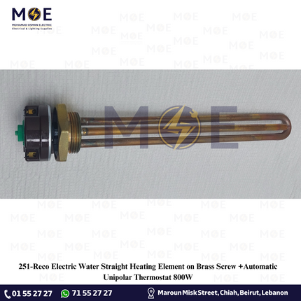 Reco Electric Water Straight Heating Element on Brass Screw +Automatic Unipolar Thermostat 800W | رزستانس قازان مع اوتوماتيك