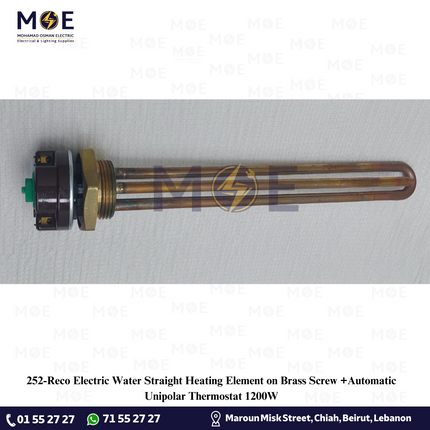 Reco Electric Water Straight Heating Element on Brass Screw +Automatic Unipolar Thermostat 1200W | 016506 | رزستانس قازان مع اوتوماتيك