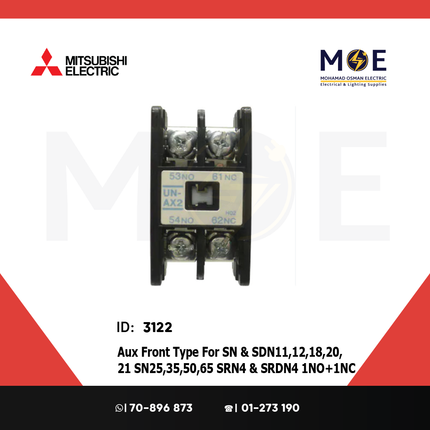 Mitsubishi Auxiliary Contactor Front Type For SN & SDN11/12/18/20/21 SN25/35/50/65 SRN4 & SRDN4 1NO+1NC | Interlock-UN-AX2 F 01A1B | مساعد كونتكتور - اكزليير