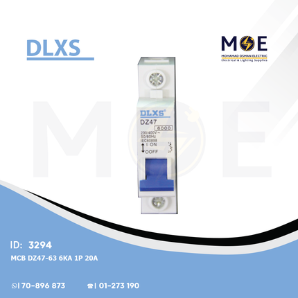 DLXS MCB DZ47-63 6kA 1P 20A | DZ47-63 | دجنتور كهرباء مفرد - قاطع كهربائي