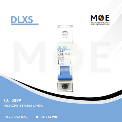 DLXS MCB DZ47-63 4.5kA 1P 63A | DZ47-65 | دجنتور كهرباء مفرد - قاطع كهربائي