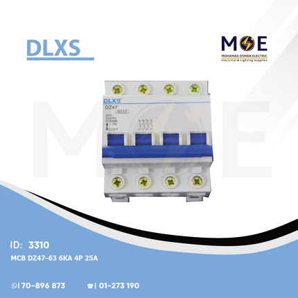 DLXS MCB DZ47-63 6kA 4P 25A | DX-DZ47-65 | دجنتور كهرباء ثلاثة فاز مع نتر - قاطع كهربائي رباعي