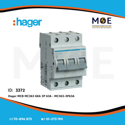 Hager MCB MC363 6kA 3P 63A | MC363 | دجنتور كهرباء ثلاثة فاز