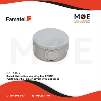 Famatel Sealed distribution mounting box ROUND 70x40mm IP55 (clip on cover) with exit cones | 3001 FM | علبة مدورة ظاهرة مطرية مع فتحات