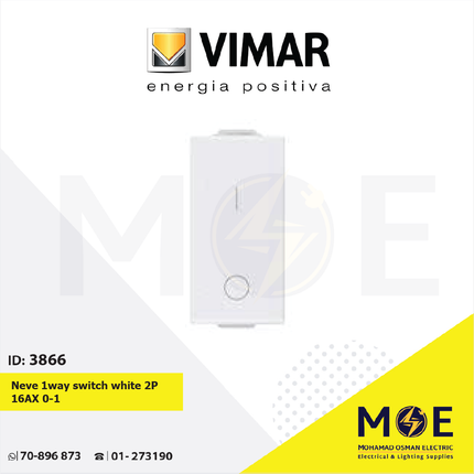 Vimar Neve 1way switch white 2P 16AX 0-1 | 9015 | مفتاح مفرد خطين ابيض