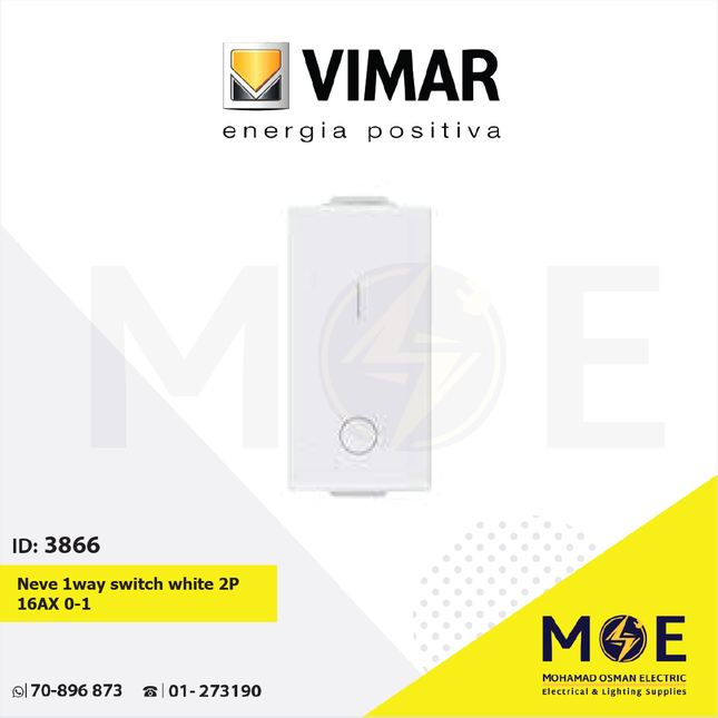 Vimar Neve 1way switch white 2P 16AX 0-1 | 9015 | مفتاح مفرد خطين ابيض