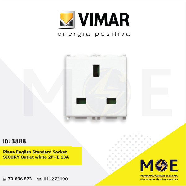 Vimar Plana English Standard Socket SICURY Outlet white 2P+E 13A | 14219 | بريز انكليزي امان ابيض