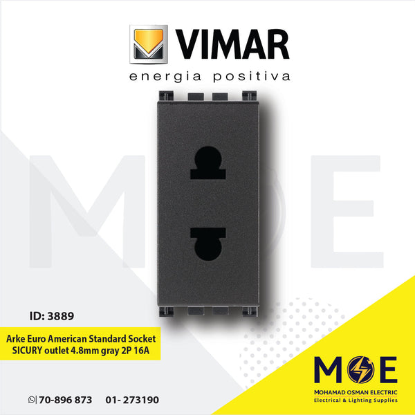Vimar Arke Euro American Standard Socket SICURY outlet 4.8mm gray 2P 16A | 19234 | بريز امريكي اوروبي امان رمادي