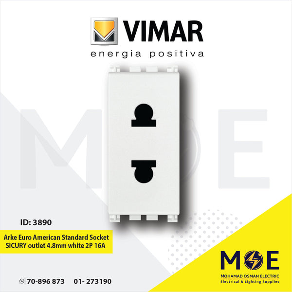 Vimar Arke Euro American Standard Socket SICURY outlet 4.8mm White 2P 16A | 19234.B | بريز امريكي اوروبي امان ابيض
