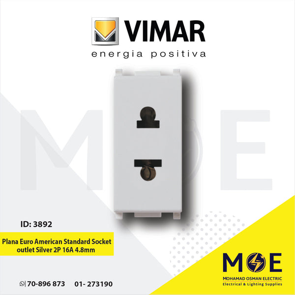 Vimar Plana Euro American Standard Socket outlet Silver 2P 16A 4.8mm | 14233.SL | بريز امريكي اوروبي فضي