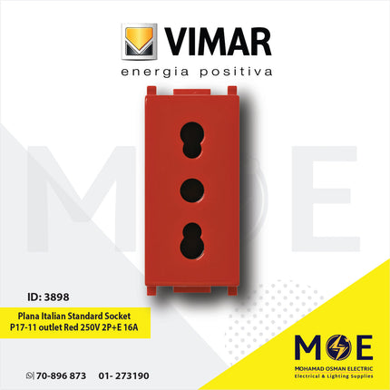 Vimar Plana Italian Standard Socket P17/ 11 outlet Red 250V 2P+E 16A | 14203.R | بريز امان احمر