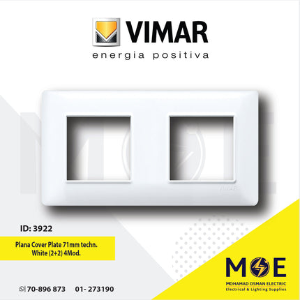 Vimar Plana Cover Plate 71mm technopolymer White ( 2+2 ) 4module | 14643.01 | بلاك بلاستيك ابيض