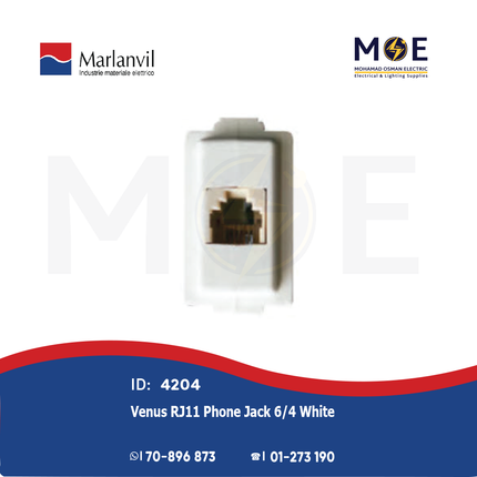 Marlanvil Venus Telephone Socket | RJ11 Phone Jack 6/4 White | 7108 | بريز تلفون ابيض